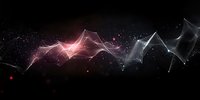 Abstract digital wave visualization with glowing pink and white light effect on black background, featuring dynamic geometric lines and particles.