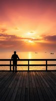 Silhouetted male figure standing at wooden pier railing, gazing at golden sunset over calm ocean with fishing boats, conveying solitude and contemplation during evening hours.