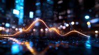Glowing wave line with orange light trail against dark background with blue bokeh lights and reflective surface, abstract modern visualization.