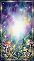 Enchanted forest scene with glowing mushrooms, swirling magical energy, and luminous stars framed by gold border, perfect for fantasy artwork, book covers, and mystical design projects.