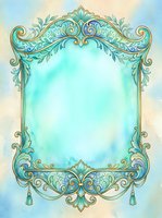 Ornate turquoise and gold decorative frame with baroque scrollwork and floral details on watercolor background, isolated on transparent space for design, invitations, and greeting cards.