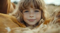 Smiling young girl with curly blonde hair and bright blue eyes surrounded by soft golden fur, captured in warm sunlight with shallow depth of field.
