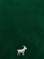 Minimalist white goat silhouette centered on deep forest green textured background, suitable for branding, posters, and modern design projects.