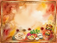 Watercolor autumn food frame with turkey, vegetables and warm spices on textured background for Thanksgiving menu design and seasonal restaurant promotions.
