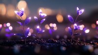 Glowing purple plants sprouting from dark soil with magical bokeh lights in background. Fantasy botanical growth concept for creative projects.