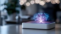 Futuristic holographic flower blooming from digital device with glowing blue and purple light effects against dark background with bokeh lights.