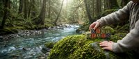 Person placing wooden blocks spelling GROW LEARN on moss-covered rock beside forest stream. Educational concept for personal development and nature learning.