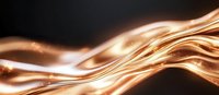 Glowing copper waves with luminous streaks flow across dark background creating dynamic abstract pattern of light and energy in motion.