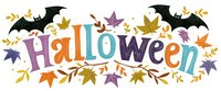 Colorful Halloween lettering with autumn maple leaves and flying bats decoration on white background, ready for seasonal greeting cards and party invitations.