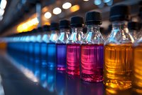 Laboratory glass bottles with colorful chemical solutions arranged on shelf in modern research facility for scientific experiments and analysis.