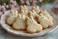 Homemade bunny-shaped sugar cookies decorated with pink sprinkles and black details on vintage floral plate with cherry blossoms in background. Easter holiday baking.
