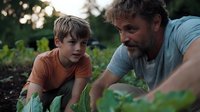 Caucasian father and son gardening together in backyard vegetable garden at sunset, sharing sustainable living skills and quality family time outdoors.