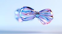 Elegant holographic bow with iridescent pink and blue reflections on light background, modern minimal design for fashion and beauty concepts.