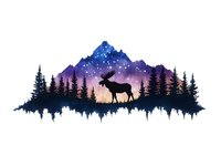 Majestic moose silhouette against purple and blue starry mountain landscape with pine forest reflection, creating dramatic wilderness scene on white background.