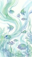 Watercolor underwater scene with tropical fish swimming among flowing seaweed and coral in soft blue and green tones for marine themed designs.