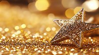 Golden glittering star decoration on sparkling background with bokeh lights and shimmering particles, festive holiday celebration atmosphere.