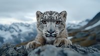 Snow leopard close up portrait with piercing blue eyes against dramatic mountain landscape background in natural habitat, showing majestic wild cat resting on rocky ledge.