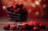 Fresh red strawberries in miniature shopping cart with warm bokeh lights background for healthy eating and grocery shopping concepts.