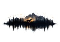 Silhouette of mountain landscape with moose and forest reflected in water, stars twinkling in orange sunset sky, artistic watercolor style on white background.