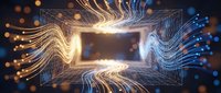 Glowing digital tunnel with golden and blue particle streams flowing through geometric wireframe structure on dark background.
