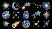 Celestial clipart set with stars, moon, galaxy, telescope, compass, and shooting stars, isolated on transparent background. Great for stickers, t-shirt design, print on demand.