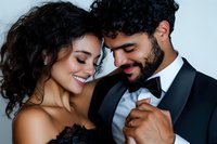 Romantic close up of Latin American couple in formal attire dancing. Young woman with curly hair and man with beard share intimate moment during wedding celebration.