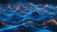 Digital wave landscape with glowing orange particles flowing through blue geometric mesh surface, creating dynamic futuristic terrain visualization for technology backgrounds.
