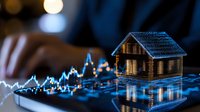 Real estate market analysis with glowing house model on financial chart background showing property investment and housing price trends in blue technology theme.