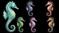 Colorful seahorse collection featuring turquoise, blue, green, purple, and gold creatures isolated on transparent background. Ready for t-shirt design, clipart, stickers, sublimation, and print-on-demand products.