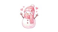 Cute pink snowman with knit hat and scarf spreading joy with open arms surrounded by floating hearts on white background for winter designs.