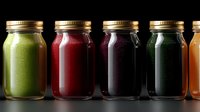 Fresh colorful smoothies and juices in glass mason jars with metal lids on dark background. Healthy detox drinks lineup showing green, red, purple and orange varieties.