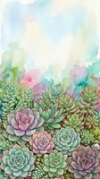 Watercolor succulent garden with pastel pink, green and blue hues creating dreamy botanical border on textured paper background for spring designs.