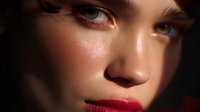 Close up portrait of young woman with red lipstick and flawless glowing skin in dramatic lighting against dark background, showcasing professional makeup artistry and beauty.
