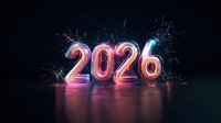 Glowing neon numbers 2026 with colorful fireworks explosion effects on dark background, reflection on glossy surface. New Year celebration concept.