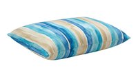 Striped decorative pillow with blue, turquoise, and beige horizontal bands, isolated on white background. Suitable for home decor, interior design, and furniture styling projects.