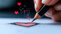 Hand drawing heart shape with pencil on paper while red heart symbols and sparkles float magically above, creating romantic artistic composition. Perfect for Valentine's Day designs.