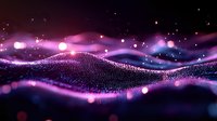 Futuristic digital landscape with glowing purple and blue waves of particles forming undulating terrain against dark background with bokeh light effects.