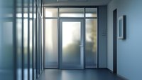 Modern frosted glass door entrance in office hallway with aluminum frame, creating privacy while allowing light transmission in corporate environment.