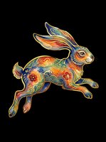 Colorful leaping rabbit with ornate floral patterns in Asian folk art style, isolated on transparent background, ready for stickers, t-shirt design, and print on demand.