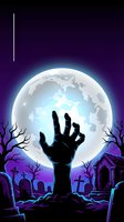 Zombie hand rising from graveyard cemetery ground against full moon night sky with spooky bare trees and tombstones for Halloween horror themed designs.