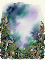Enchanted forest mushrooms with glowing ferns and magical starlight watercolor illustration on isolated white background, suitable for fantasy artwork, children's book design, and decorative prints.
