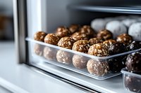 Homemade chocolate energy balls with nuts and dates stored in glass container in refrigerator for healthy snacking and meal prep convenience.