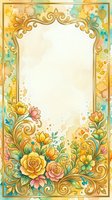 Ornate golden frame with flourishing botanical elements featuring roses and decorative scrollwork in warm yellow, pink, and turquoise tones. Isolated on white background, ready for invitations, certificates, and design projects.