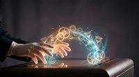 Hands of person in business attire touching glowing digital gears and circuit patterns on laptop keyboard, representing technology innovation, data processing, and artificial intelligence integration.
