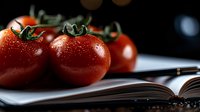 Fresh ripe tomatoes with water drops on vine placed on open book pages in dark moody setting, dramatic food photography for cookbooks and recipes.