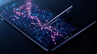 Glowing network constellation on smartphone screen with stylus pen, featuring pink and blue particle effects against dark background. Digital connectivity concept.