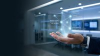 Businessman hand presenting digital compliance network with regulatory frameworks and governance management icons in modern office environment.