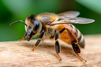 Honeybee worker on wooden surface with detailed wings and fuzzy body against soft green background for nature and beekeeping projects.