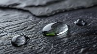 Water drops on dark stone surface with dramatic lighting and reflections creating minimalist composition. Macro photography shows liquid surface tension.