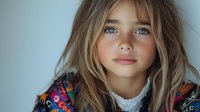 Young girl with bright blue eyes and blonde hair wearing colorful knitted sweater against soft blue background, natural beauty portrait with gentle lighting.